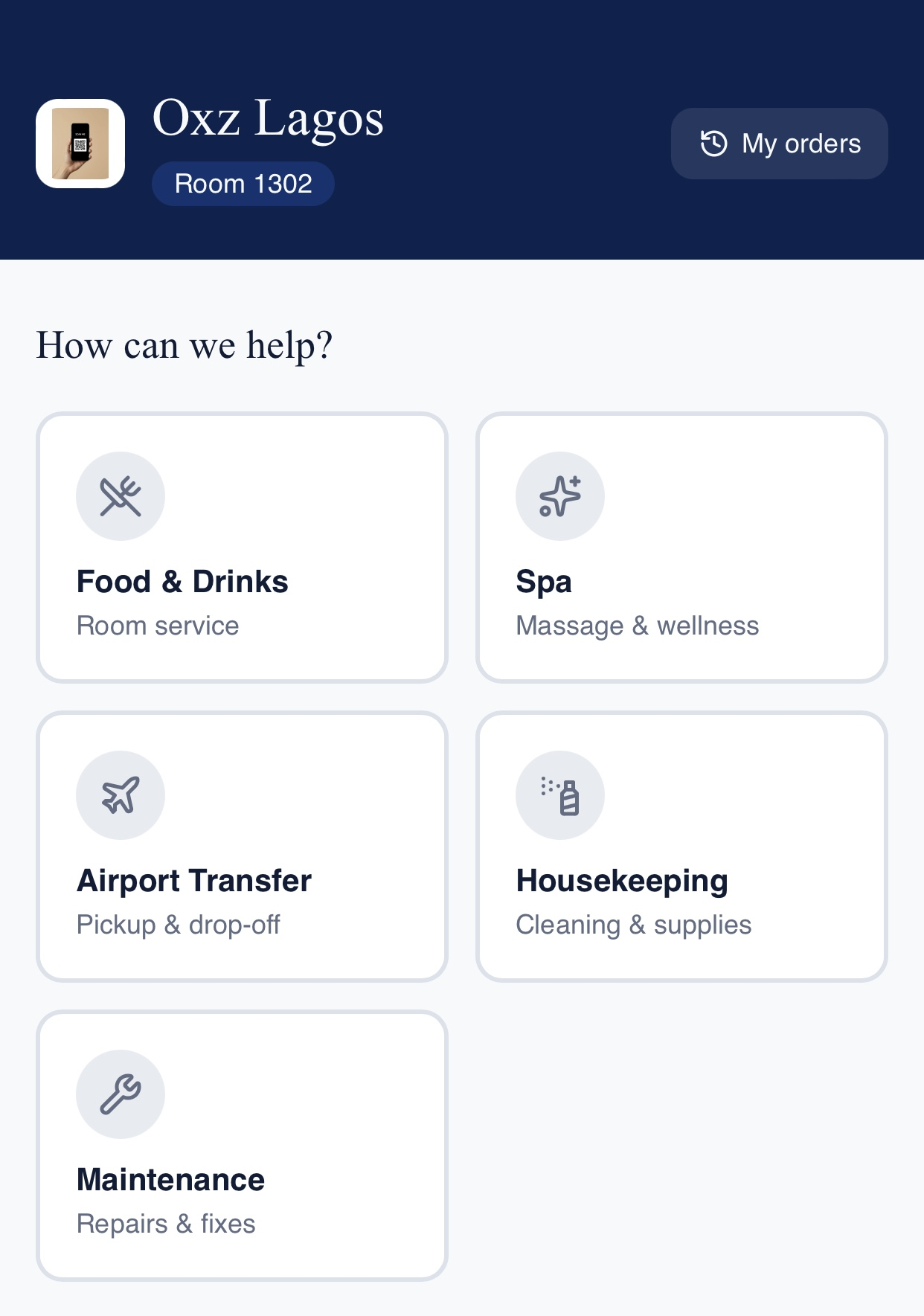 Guest request screen showing service options